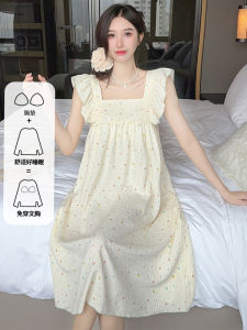 Sweet Cotton Summer Sleepwear Womens Strap Nightgown with Chest Pad Student Home Clothes Princess Style Mid-Length Dress