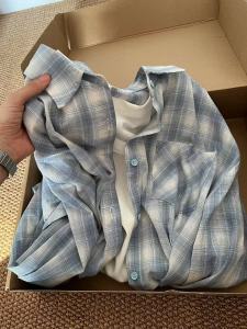 Blue Plaid Spring Autumn Womens Loose Long Sleeve Shirt Outerwear Korean Style Fresh Style Fashionable Open Cardigan