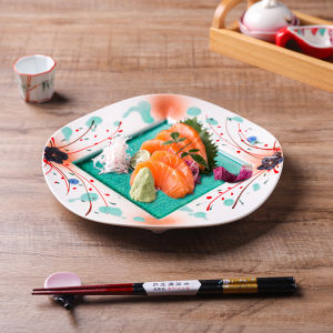Creative Hotel Diningware round Ceramic Plate Japanese Style Underglaze Color Seafood Sushi Plate Retro Grid Baking Dish