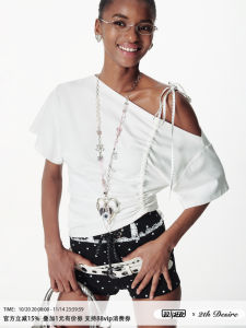 Soft Loose Batwing Sleeve T-Shirt Womens Drawstring Strap Splicing Color Block Polka Dot Asymmetrical Style Summer Top