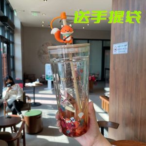 Starbuck ร้านค้าอย่างเป็นทางการ Starbuck เทศกาลกลางฤดูใบไม้ร่วงกระต่ายน่ารัก Fox ฤดูใบไม้ร่วงใบแก้วสองชั้นถ้วยฟางขนาดใหญ่ความจุเดสก์ท็อปถ้วยดื่ม Starbuck Tumbler Starbuck แก้ว