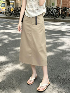 Khaki Color High Waist Straight Workwear Style Half Skirt