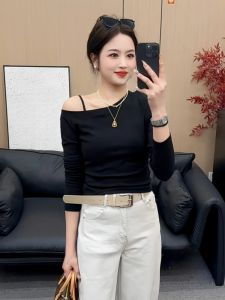 Black Shoulder Bared Long Sleeve T-Shirt Womens Slim Fit Base Shirt Spring New Style Commute Korean Version Inner Wear Design
