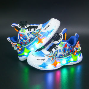 Glowing Light up Shoes for Boys Flashing Lamp Dad Shoes Mesh Low Top Anti-Slip Childrens Footwear Rotation Buckle Easy to Wear