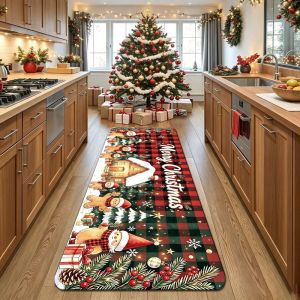 VIKAMA Christmas Buffalo Plaid Runner Rug Santa Snowman Non‑Slip Long Floor Mat For Kitchen Hallway Xmas Home Decor