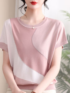 Fashionable Ice Silk T-Shirt Set for Middle-aged and Elderly Women Short Sleeve Cropped Pants Pullover Crewneck Two-piece Set