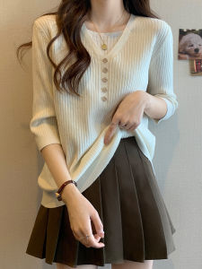 plus Size Summer V-Neck Ice Silk Loose Knitted Short Sleeve T-Shirt Korean Style for Plump Sister Belly Covering Slimming Top