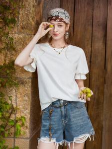 XIANGYING | White Puff Sleeve Cotton T-Shirt