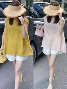 Shalldoer | French Vintage Sleeveless Sun Protection Shirt Womens New 2025 Summer Waist Slim Hollow Back Top Round Neck Short Sleeve