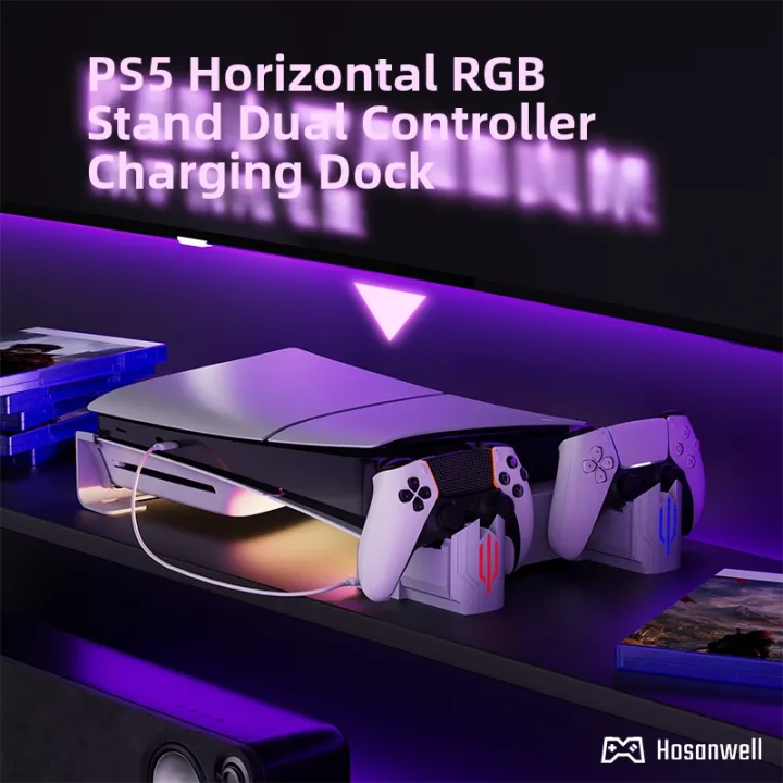 PS5 Slim/Pro Horizontal Stand with Charging Cooling Base Host with Fan PS5 Controller Storage Rack Magnetic Attraction Accessories