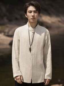 New Chinese Style Mens Long Sleeve Shirt Small Stand Collar Button up Cotton Linen Blend Autumn Fashion Retro Tang Suit Top