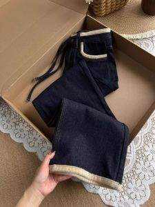 กางเกงยีนส์ขากว้างเอวสูงทรงหลวมสำหรับผู้หญิง ทรงหลวม กางเกงขายาวสีน้ำเงินเข้ม ขนแกะหนา ทรงหลวม กางเกงยีนส์ขากว้างสำหรับผู้หญิง