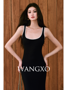 WANGXO High Elasticity Core Spin Yarn Texture Color Block Shell Embroidery Square Collar Slim Fit Sleeveless Knitted Dress