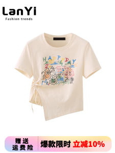 เสื้อยืดแขนสั้นทรงสลิมฟิตสำหรับผู้หญิงในช่วงฤดูร้อนปี 2024 เสื้อยืดแขนสั้นลายการ์ตูนสไตล์เกาหลีแบบลำลองสำหรับผู้หญิง