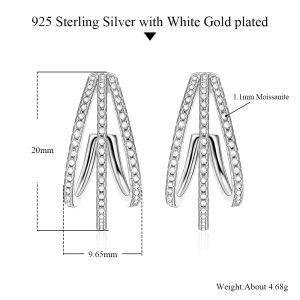 Pretty Beauty Moissanite 20mm Huggie Earrings for Women Men 925 Silver Triple Row Curved Arch Diamond Earrings Fine Jewelry Gift