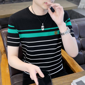 2025 New Pure Cotton Short Sleeve T-Shirt Mens Summer Thin Knitted Ice Silk Striped Half Sleeve Body T-Shirt Polyester Fiber