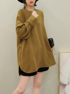 Fall and Winter T-shirt with Long Sleeves Hoodie Womens Chubby Girl Mid Length Long Length Bottoming Shirt Tops Loose Slim Looking Dralon Plus Size Thick Fleece