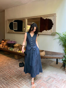 Old Money Style Linen Outfit V-Neck Vest Top Flared Skirt