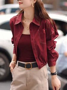 Korean Style Short Pure Color Outerwear Womens Fashion Slim Fit Polo Collar Long Sleeve Autumn New Arrival Versatile Top