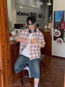 Roor Japanese Style Retro Thin Plaid Loose Fancy Ins Casual Campus Couple Shirt Short Sleeve Jacket