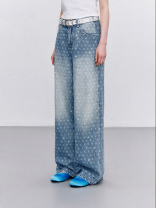 All-Over Print Water Washed Wide Leg Embroidered Back Pocket Jeans