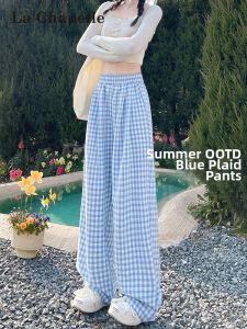 La Chapelle | Blue Checkered Loose Fit Pants Lightweight Cool Silk