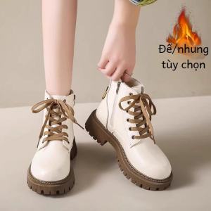 Giày Bốt Martin Da Thật Cho Nữ Giày Bốt Ngắn Mùa Thu Đông Đế Dày Lót Lông Cừu Màu Trắng Phong Cách Anh Cổ Điển Giày Bốt Thời Trang