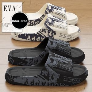 Mens Summer Outdoor Slip-resistant Anti-odor EVA Slippers Home Bathroom Slippers Casual Flat Heel Printed Leather Slippers