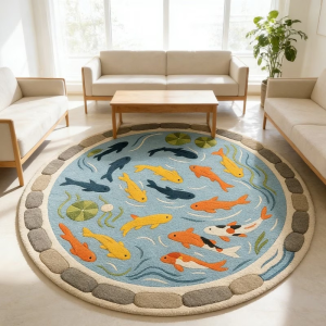 VIKAMA Creative Koi Carp Pond Shaped Rug Lotus Flower Anti‑Slip Washable Soft Carpet for Bedroom Home Decoration
