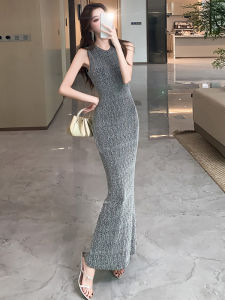 WANGGONGZHU | ชุดเดรสยาวหางปลาประดับเลื่อมหรูหรา แขนกุด คอตั้ง ทรงเข้ารูป เอวสูง กระโปรงทรงเอ สำหรับผู้หญิงในฤดูร้อน