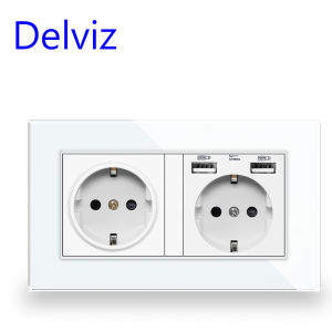 Delviz Double Outlet With USB Tempered Crystal Glass Panel 5V 2A USB charging Ports AC 110V~250V 16A EU Standard Wall Socket