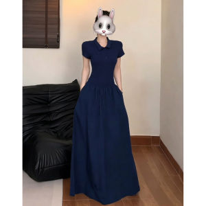 Karrar betsey | Đầm Đẹp Elegance Màu Xanh Biển Cổ Polo Mùa Hè Kiểu Audrey Dáng Ôm