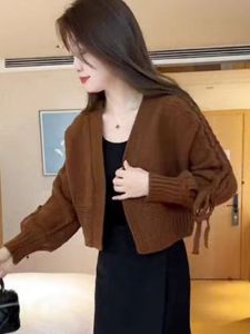 สั้น ถัก Ted คาร์ดิเกน เสื้อสเวตเตอร์ ผู้หญิง ฤดูใบไม้ร่วง ฤดูหนาว แฟชั่นปมผีเสื้อ ถัก แขนยาว เสื้อท่อนบน หลวม Fit Commute Style