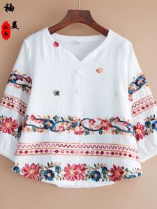 Summer New Womens Cotton Linen Embroidered Ethnic Style Loose Slim Fit Top Nine Sleeve Sun Protection T-shirt Small Shirt