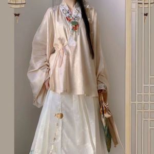 New Original Ming Dynasty Hanfu Womens Clothing [Lingling Yu Ming] Embroidered Cross over Collar Short Shirt Horse Tailed Skirt