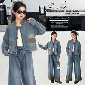 MPW | Retro Denim Childrens Outfit For Girls Trendy Casual Two-Piece Set Wide Leg Pants Spring Autumn New Style Kids Fashionable Jacket