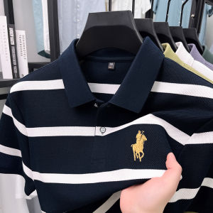 Summer Mens Polo Shirt Short Sleeve Silk Cotton Striped Half Sleeve T-Shirt Horse Logo Fashion Casual Business Polyester Blend