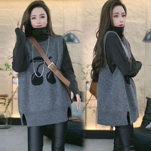 Womens Knitted Sweater Set High Collar Base Layer Open Split Two Piece Set Spring New Style Fashionable Lazy Style Ensemble
