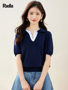 puella | Dark Navy Half Sleeve Faux Two-Piece Knit Top