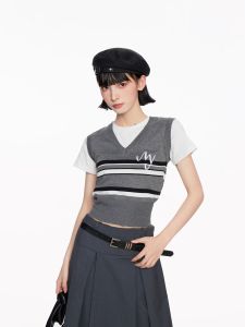 Gray V-Neck Knitted Vest Top Womens Slim Fit Summer Short Sleeve T-Shirt Half Sleeve Shirt Casual Style Online Exclusive