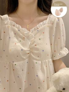 Short-Sleeved Nightdress with Chest Pad Young Adult Sweet Princess Style Summer New Arrival Cloud Cotton Pajamas Can Be Outerwear Homewear