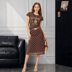 LIDIA | American Style Low Waist Lace Skirt Brown Dots Fitted Vacation Thin