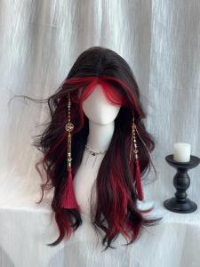 Womens Gradient Dyed Long Curl Wig Full Head Cover Big Wave Red And Black Half Head Highlight Natural Style Hair Decoration
