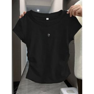 Pure Cotton Grey Short Sleeve T-Shirt Womens Fashion Design Slimming Top Korean Style Commute Folded Waist Design Summer