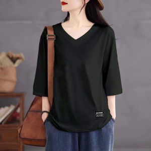 Pure Cotton V Neck Short Sleeve T-Shirt Womens Summer Easiest for Match Loose Tummy Hiding Slimming Plus Size Womens Western Style Youthful-Looking Half Sleeve Tops