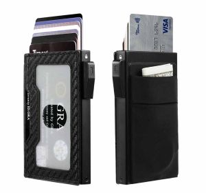 Mens Ultra-Thin Aluminum Card Holder RFID-Blocking Minimalist Metal Pop-Up Wallet Holds 12+ Cards-Cash Carbon Fiber Wallet