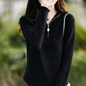 YUEXINYIRONG | 100 Pure Wool Half Zip Hooded Sweater for Women