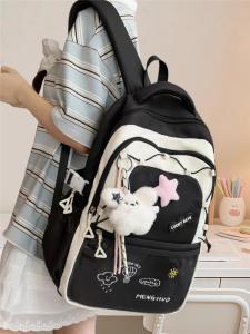 OUDENGPAI | Casual Large Capacity Waterproof Dirt Resistant Black Backpack For Junior High School Girls Stylish College Style Dual Shoulder Bag