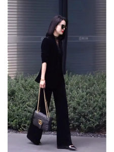 SHANGSHA | Elegant TV Drama Style Black Velvet Suit Set