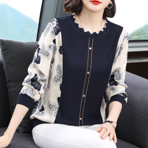 Spring Autumn Long Sleeve T-Shirt Womens Fashionable Ageless Chiffon Patchwork Base Shirt Korean Style Creative Print Commute
